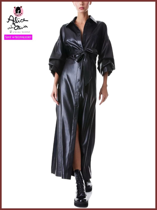 Alice + Olivia Dresses & Skirts - Alice + Olivia Tanika Vegan Leather Button Front Collared Black Maxi Dress